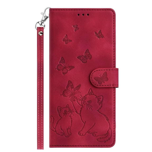 Allytechgroup for iPhone 16 Case Wallet, Flip Cover with Cards Slots & Lanyard Stand RFID Blocking Stylish Butterfly Cat Embossed Phone Case Cover for Apple iPhone 16, Red