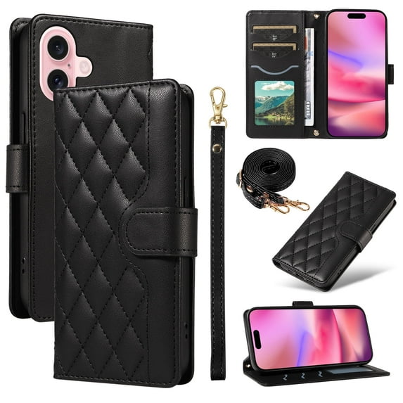 Allytechgroup iPhone 16 Case Wallet, Premium PU Leather Cards Slots Hand Wrist Shoulder Strap Flip Cover Stand Protective Phone Case for Apple iPhone 16, Black