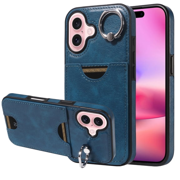 Allytechgroup iPhone 16 Case Wallet, with Ring Holder Kickstand Anti-Scratch Back Cover with Removal Pin & SIM Cards Slots Shockproof Phone Case for Apple iPhone 16, Blue
