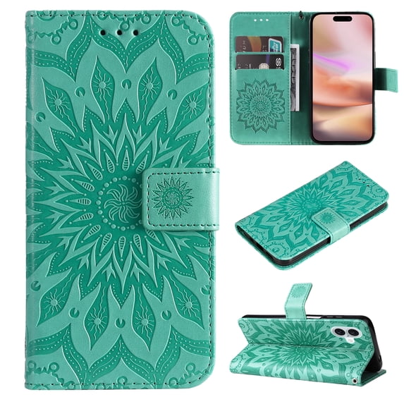 Allytechgroup for iPhone 16 Case Wallet, Sunflower Embossed PU Leather Flip Cover Stand Hand Strap Shockproof Stylish Cards Slots Phone Case for iPhone 16, Green