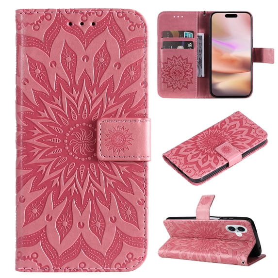 Allytechgroup for iPhone 16 Case Wallet, Sunflower Embossed PU Leather Flip Cover Stand Hand Strap Shockproof Stylish Cards Slots Phone Case for iPhone 16, Pink
