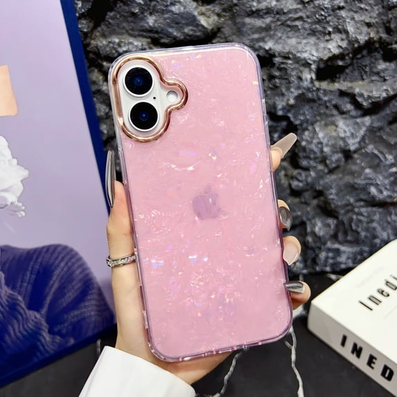 Allytechgroup for iPhone 16 Case for Women, Glitter Shell Pattern Clear Shockproof Slim Protective Cover, Iridescent Sparkle Design, Soft TPU Back Case for iPhone 16, Pink