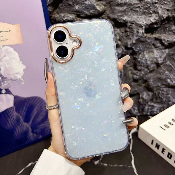 Allytechgroup for iPhone 16 Case for Women, Glitter Shell Pattern Clear Shockproof Slim Protective Cover, Iridescent Sparkle Design, Soft TPU Back Case for iPhone 16, Blue