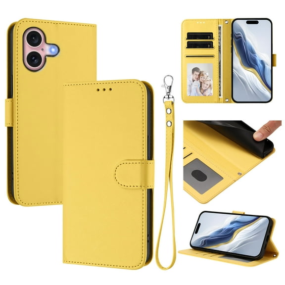 Allytechgroup for iPhone 16 Flip Case, Slim Fit Shockproof Cover with Credit Card Slot, RFID Blocking Card Pocket Lanyard Shock-Absorbent Protective Bumper for Women Girls, Yellow