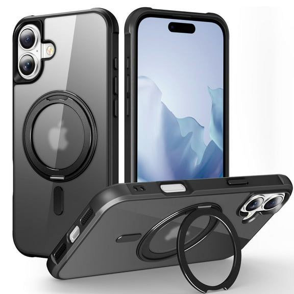 Allytechgroup iPhone 16 Magnetic Case with Rotating Stand, Multi Angle Viewing Stand Anti-Scratch Compatible with Magsafe & Car Mount Phone Case for Apple iPhone 16, Black