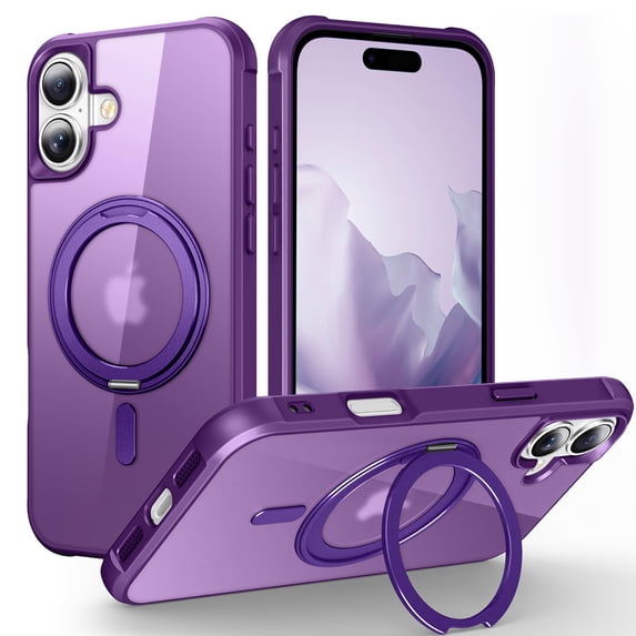 Allytechgroup iPhone 16 Magnetic Case with Rotating Stand, Multi Angle Viewing Stand Anti-Scratch Compatible with Magsafe & Car Mount Phone Case for Apple iPhone 16, Purple