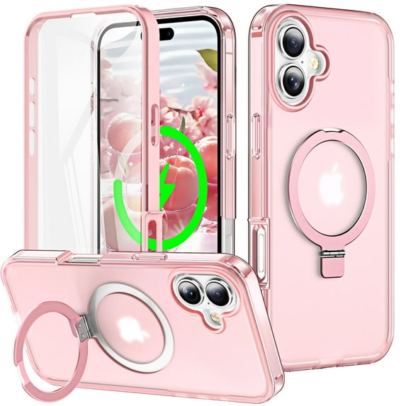 Allytechgroup iPhone 16 Magnetic Case with Screen Protector, Ring Holder Stand Matte Transparent Back Cover Compatible with Magsafe Full Body Shockproof Case for Apple iPhone 16, Pink