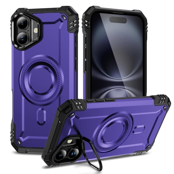 Allytechgroup for iPhone 16 Plus Case with Camera Kickstand, Support Wireless Charging Magnetic Phone Case for Women Men Military Grade Drop Protection for Apple iPhone 16 Plus, Purple