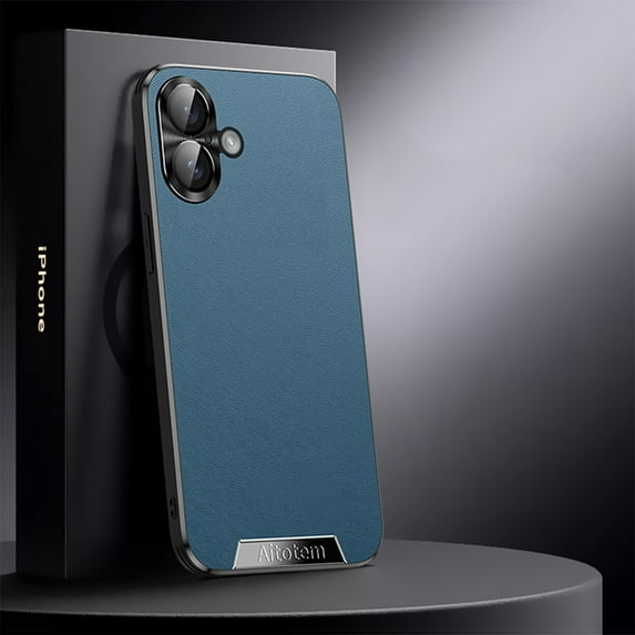 Allytechgroup iPhone 16 Plus Case with Camera Lens Protector, Slim Fit PU Leather Hard PC Anti-Fingerprint Shockproof Bumper Lightweight Phone Case for Apple iPhone 16 Plus, Blue