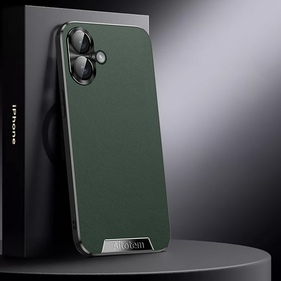 Allytechgroup iPhone 16 Plus Case with Camera Lens Protector, Slim Fit PU Leather Hard PC Anti-Fingerprint Shockproof Bumper Lightweight Phone Case for Apple iPhone 16 Plus, Green