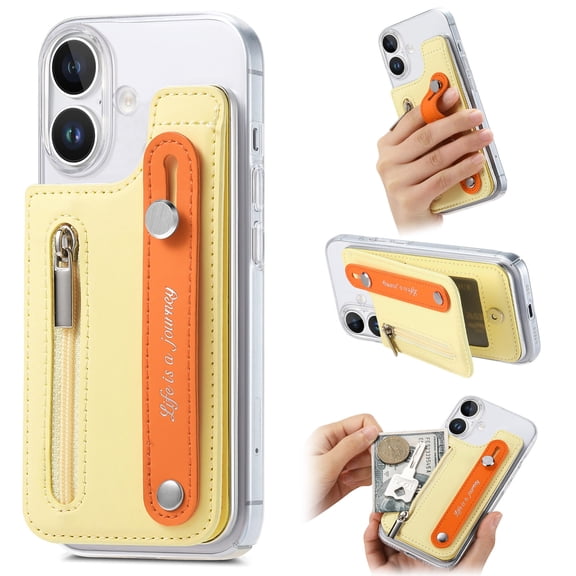 Allytechgroup iPhone 16 Plus Case with Cards Holder & Hand Strap, Clear Back Cover Shockproof Drop Protective Anti-Yellowing Bumper Phone Case for Apple iPhone 16 Plus, Yellow