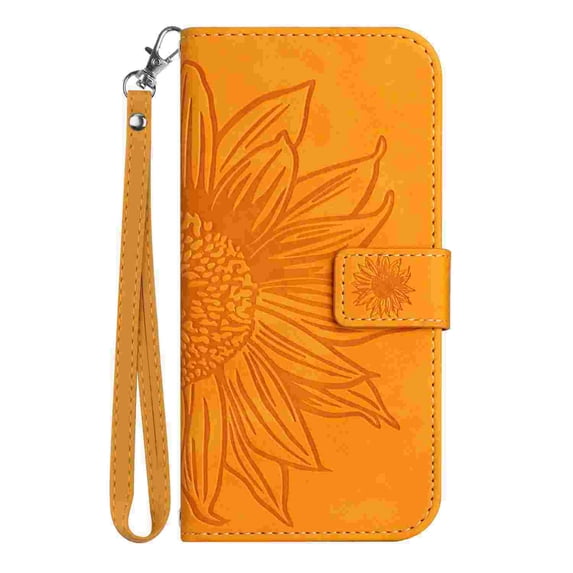 Allytechgroup for iPhone 16 Plus Case with Hand Strap, RFID Blocking Embossed Sunflower PU Leather Wallet Case with Credit Card Slot Shockproof Magnetic Snap Protective Case, Yellow