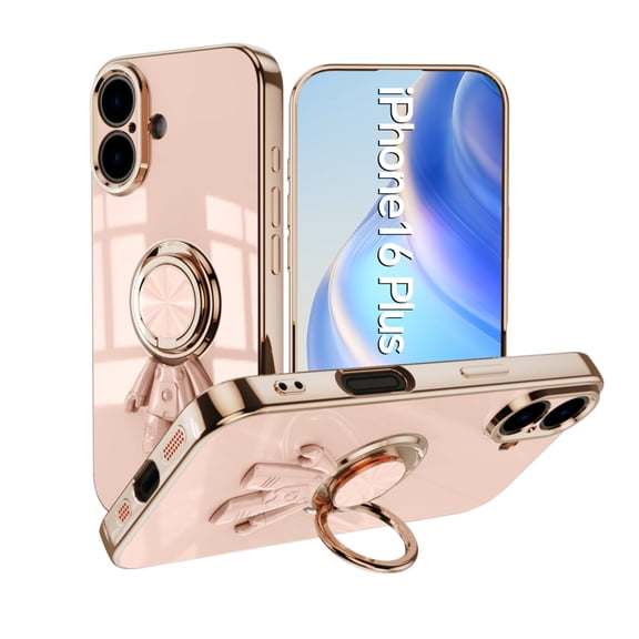 Allytechgroup iPhone 16 Plus Case Kickstand, Spaceman Bracket Design Shockproof Drop Proof Luxury Camera Lens Protective Phone Case for Apple iPhone 16 Plus, Lightpink
