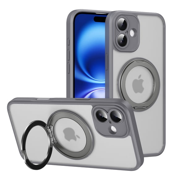Allytechgroup for iPhone 16 Plus Case with Ring Holder Stand, Support Wireless Charging Slim Hard PC Soft TPU Anti Yellowing Shockproof Magnetic Back Cover Bumper for iPhone 16 Plus, Gray
