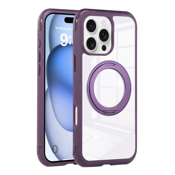 Allytechgroup for iPhone 16 Plus Case, Shockproof Non-Slip Back Cover Case with 360° Ring Kickstand PC+TPU Anti-Fingerprint Rugged Protective Support Wireless Charging for Women Men, Darkpurple