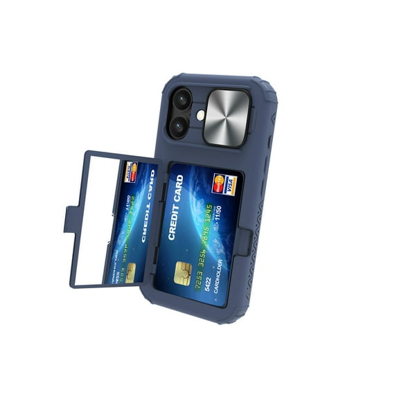 Allytechgroup iPhone 16 Plus Case with Sliding Camera Lens Protector, Shockproof Full Body Protective Anti-Slip Card Holder Wallet Phone Case for Apple iPhone 16 Plus, Blue