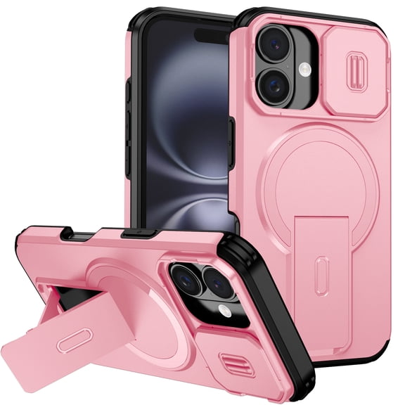 Allytechgroup for iPhone 16 Plus Case with Sliding Camera Protector, Compatible with Magsafe Rugged Hybrid TPU PC Kickstand Protective Shockproof Magnetic Case Cover for iPhone 16 Plus, Pink