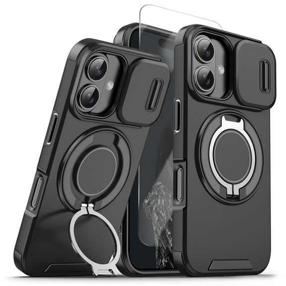 Allytechgroup for iPhone 16 Plus Case with Stand, [Slide Camera Cover] with 1X Screen Protectors Heavy Drop Shockproof Protective Cover for Women Men, Black