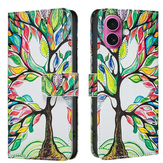 Allytechgroup iPhone 16 Plus Case Wallet Cover with Card Holder, Flip Folio Phone Case for Apple iPhone 16 Plus with Magnetic Closure, Kickstand & RFID Blocking Case for Women Men, Tree