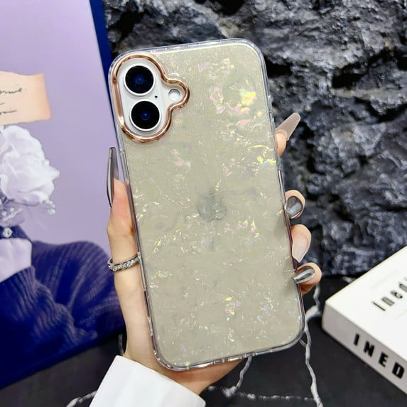 Allytechgroup for iPhone 16 Plus Case for Women, Glitter Shell Pattern Clear Shockproof Slim Protective Cover, Iridescent Sparkle Design, Soft TPU Back Case for iPhone 16 Plus, Gray