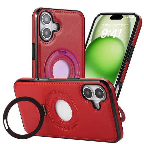 Allytechgroup iPhone 16 Plus Magnetic Case, Retro PU Leather TPU Back Cover Compatible with Magsafe Shockproof Ring Holder Kickstand Phone Case for Apple iPhone 16 Plus, Red