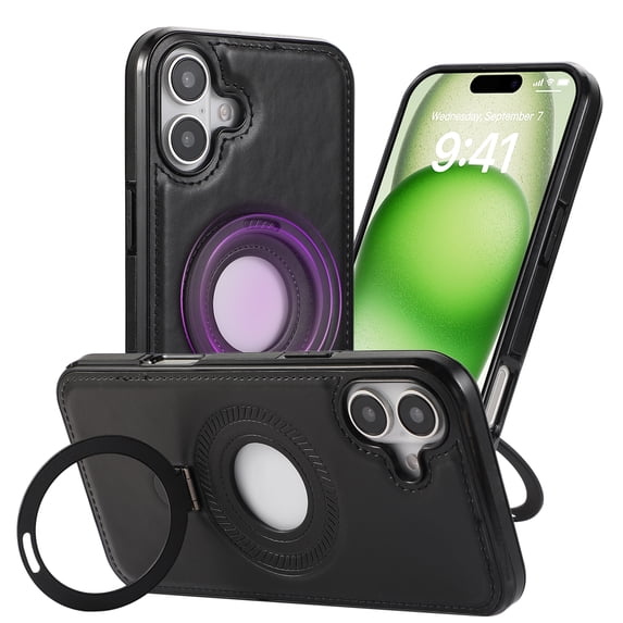 Allytechgroup iPhone 16 Plus Magnetic Case, Retro PU Leather TPU Back Cover Compatible with Magsafe Shockproof Ring Holder Kickstand Phone Case for Apple iPhone 16 Plus, Black