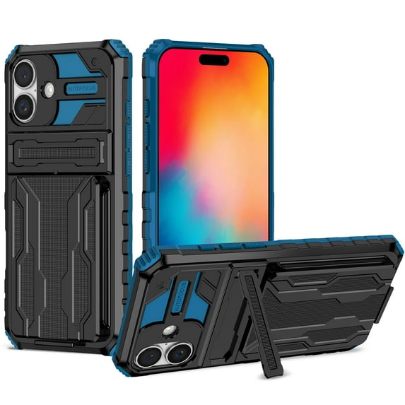 Allytechgroup for iPhone 16 Plus Rugged Case with Cards Holder, Heavy Duty Shockproof Hybrid PC TPU Back Cover Anti-Scratch Bumper Protective Phone Case for iPhone 16 Plus, Blue