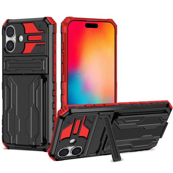 Allytechgroup for iPhone 16 Plus Rugged Case with Cards Holder, Heavy Duty Shockproof Hybrid PC TPU Back Cover Anti-Scratch Bumper Protective Phone Case for iPhone 16 Plus, Red