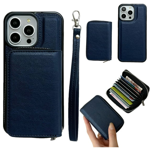 Allytechgroup for iPhone 16 Plus Wallet Case Card Holder, PU Leather Phone Case Women Men Protective Cover Wrist Strap Zipper Credit Card Slots For iPhone 16 Plus, Blue