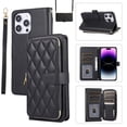 thumbnail image 1 of Allytechgroup for iPhone 16 Plus Wallet Case, Premium PU Leather Magnetic Buckle Zipper Pocket Card Slots Flip Stand Protective Cover with Hand Strap & Shoulder Strap - Black, 1 of 12
