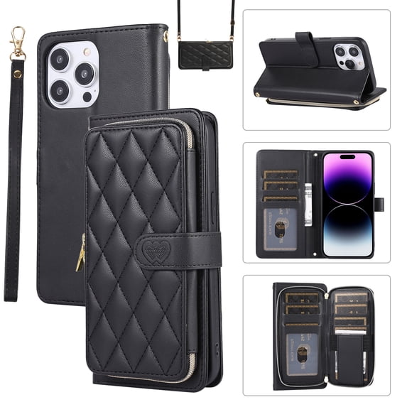 Allytechgroup for iPhone 16 Plus Wallet Case, Premium PU Leather Magnetic Buckle Zipper Pocket Card Slots Flip Stand Protective Cover with Hand Strap & Shoulder Strap - Black