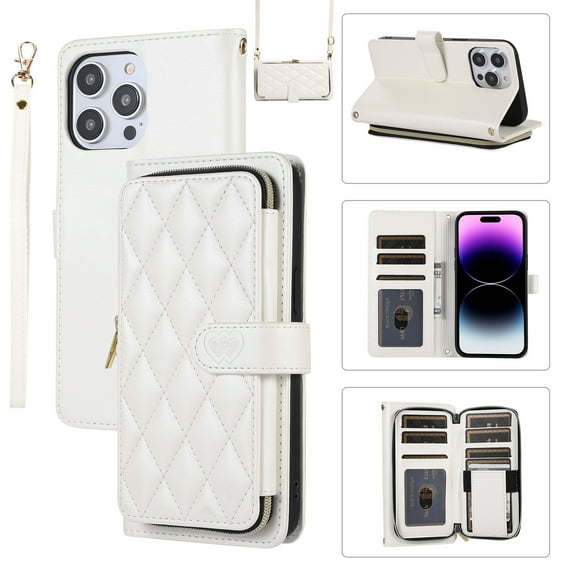 Allytechgroup for iPhone 16 Plus Wallet Case, Premium PU Leather Magnetic Buckle Zipper Pocket Card Slots Flip Stand Protective Cover with Hand Strap & Shoulder Strap - White
