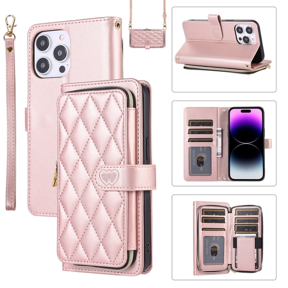 Allytechgroup for iPhone 16 Plus Wallet Case, Premium PU Leather Magnetic Buckle Zipper Pocket Card Slots Flip Stand Protective Cover with Hand Strap & Shoulder Strap - Rosegold