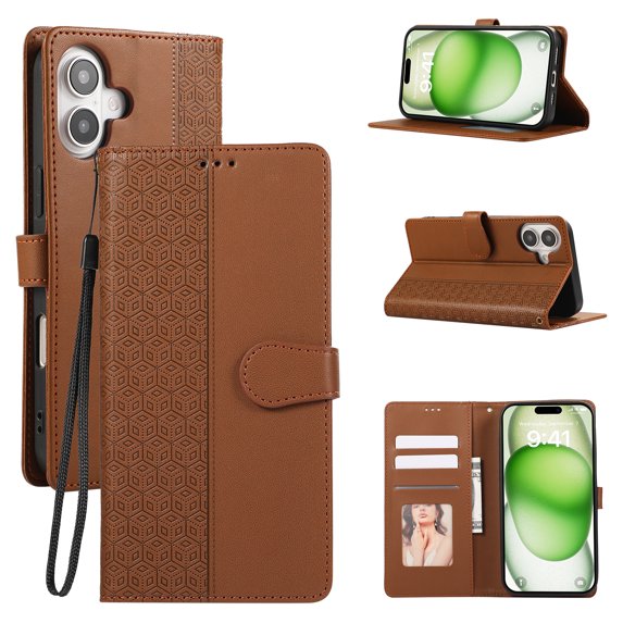 Allytechgroup for iPhone 16 Plus Wallet Case, Stylish Phone Case with Card Slots RFID Blocking Flip Stand PU Leather Shockproof Convenient Hand Wrist Case Cover for iPhone 16 Plus, Brown