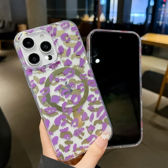 Allytechgroup for iPhone 16 Pro Case, Glossy Leopard Print Back Cover Support Wireless Charging Shock-Absorbent PC+TPU, Magnetic Flat Design Case for iPhone 16 Pro, Purple