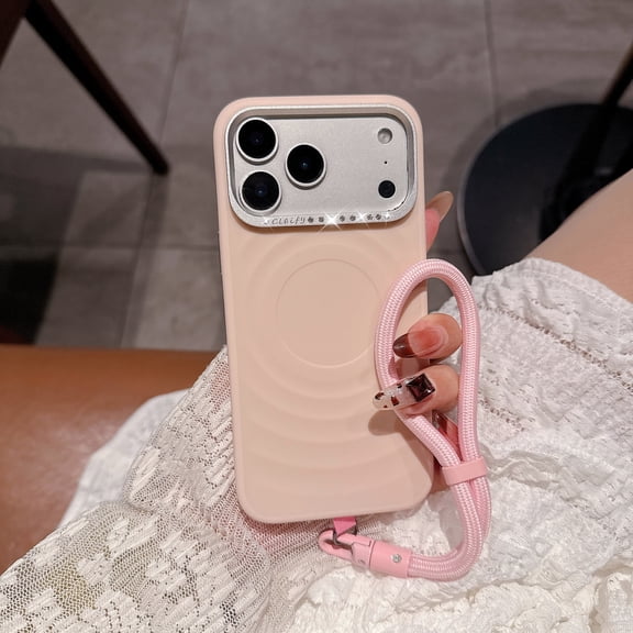 Allytechgroup for iPhone 16 Pro Case with Hand Strap, Glitter Bling Diamond Embossed Shockproof Anti-Scratch Stylish Ripple Design Back Cover Bumper Phone Case for iPhone 16 Pro, Lightpink