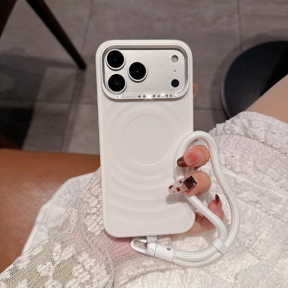 Allytechgroup for iPhone 16 Pro Case with Hand Strap, Glitter Bling Diamond Embossed Shockproof Anti-Scratch Stylish Ripple Design Back Cover Bumper Phone Case for iPhone 16 Pro, White