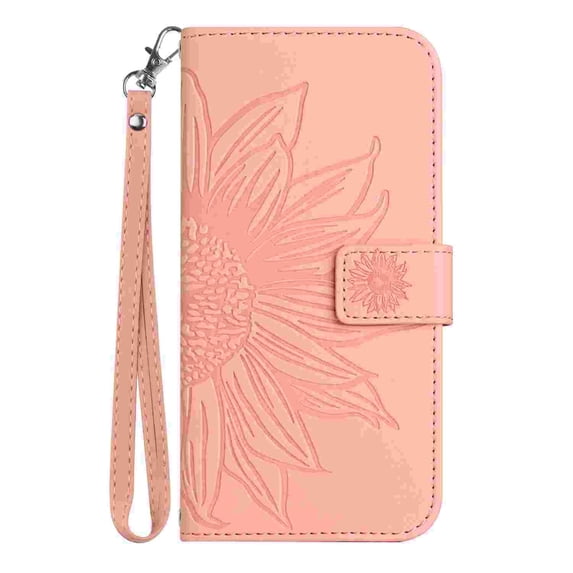 Allytechgroup for iPhone 16 Pro Case with Hand Strap, RFID Blocking Embossed Sunflower PU Leather Wallet Case with Credit Card Slot Shockproof Magnetic Snap Protective Case, Pink