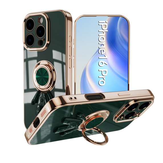 Allytechgroup iPhone 16 Pro Case Kickstand, Spaceman Bracket Design Shockproof Drop Proof Luxury Camera Lens Protective Phone Case for Apple iPhone 16 Pro, Darkgreen