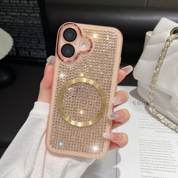 Allytechgroup For iPhone 16 Pro Case with Magnetic, Luxury Sparkly Diamond Rhinestones with Wrist Strap Chain Women Girls Shockproof Bumper Protective Cover For iPhone 16 Pro, Gold