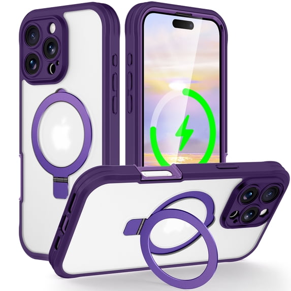 Allytechgroup iPhone 16 Pro Case Magsafe, Mangetic Back Cover Wireless Charging Support Kickstand Ring Holder Anti-Scratch Phone Case for Apple iPhone 16 Pro, Darkpurple