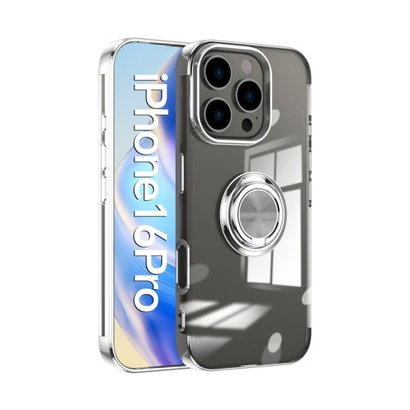 Allytechgroup iPhone 16 Pro Case with Ring Holder, Kickstand Magnetic Case Compatible with Car Mount Bumper Rugged Shockproof Clear Back Cover Phone Case for Apple iPhone 16 Pro, Silver