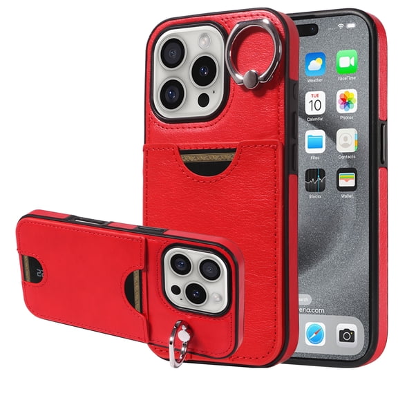 Allytechgroup iPhone 16 Pro Case Wallet, with Ring Holder Kickstand Anti-Scratch Back Cover with Removal Pin & SIM Cards Slots Shockproof Phone Case for Apple iPhone 16 Pro, Red