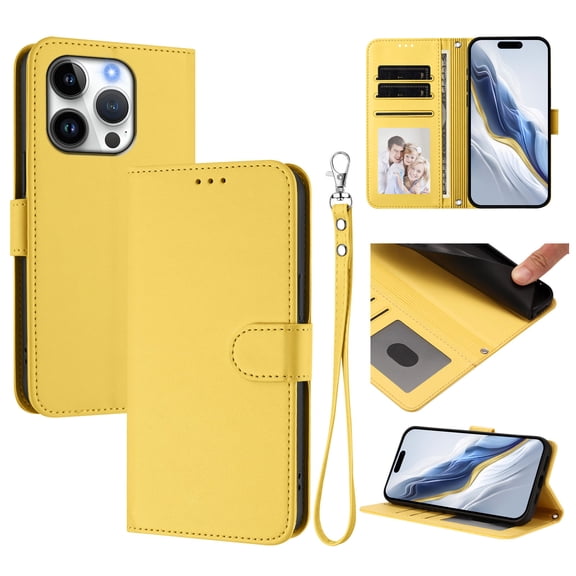 Allytechgroup for iPhone 16 Pro Flip Case, Slim Fit Shockproof Cover with Credit Card Slot, RFID Blocking Card Pocket Lanyard Shock-Absorbent Protective Bumper for Women Girls, Yellow