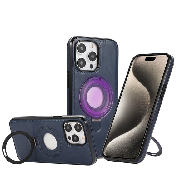 Allytechgroup iPhone 16 Pro Magnetic Case, Retro PU Leather TPU Back Cover Compatible with Magsafe Shockproof Ring Holder Kickstand Phone Case for Apple iPhone 16 Pro, Blue