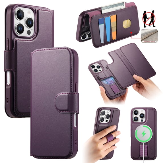 Allytechgroup for iPhone 16 Pro Max Case, 2-in-1 Wallet Phone Cover with Detachable PU Leather Card Holder, Magnetic MagSafe-Compatible RFID Blocking Protective Case & Wristband, Purple