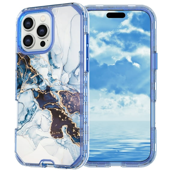 Allytechgroup for iPhone 16 Pro Max Case, 3 Layers Protection Slim Lightweight Shockproof Soft TPU & Hard Back Protective Bumper Cover Marble Shell, B