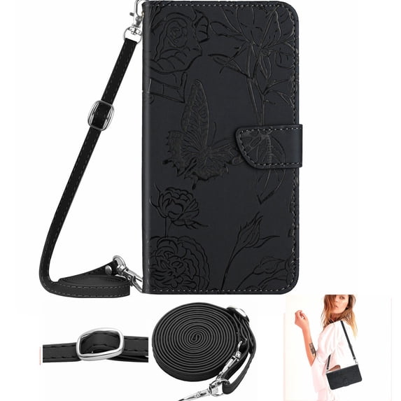 Allytechgroup for iPhone 16 Pro Max Case with Lanyard, Crossbody Shoulder Strap Hand Wrist Cards Holder Stand Flip Cover with Mangetic Closure Shockproof Back Cover for Women Girls, Black