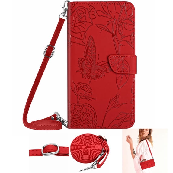 Allytechgroup for iPhone 16 Pro Max Case with Lanyard, Crossbody Shoulder Strap Hand Wrist Cards Holder Stand Flip Cover with Mangetic Closure Shockproof Back Cover for Women Girls, Red