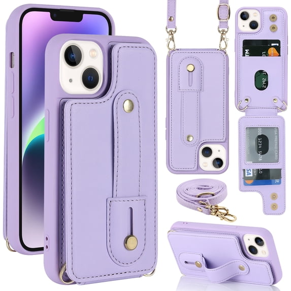 Allytechgroup iPhone 16 Pro Max Case, With Long Shoulder Strap Hand Strap Stand Cards Holder Shockproof Protective Wallet Case Cover for Apple iPhone 16 Pro Max 6.9" - Purple